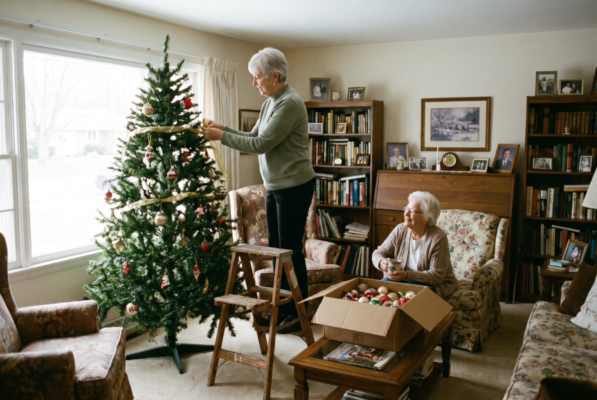 A woman about 60 on a small step stool adds gold ribbon to a neighbor's tree while the elderly neighbor watches from an armchair