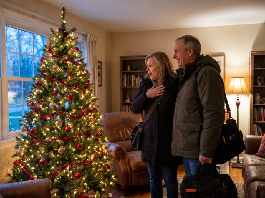A couple in their coats stops, delighted, in front of their finished Christmas tree