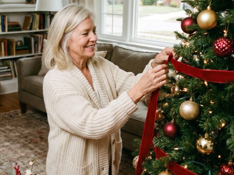 A smiling woman about 60 runs red ribbon down a Christmas tree in a cozy living room