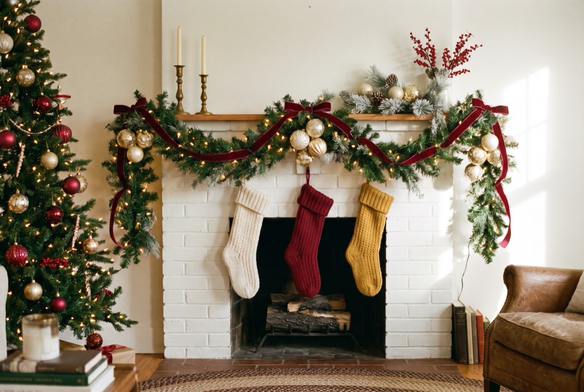 A fireplace mantel styled with garland, cranberry ribbon and gold ornaments, with stockings hanging below