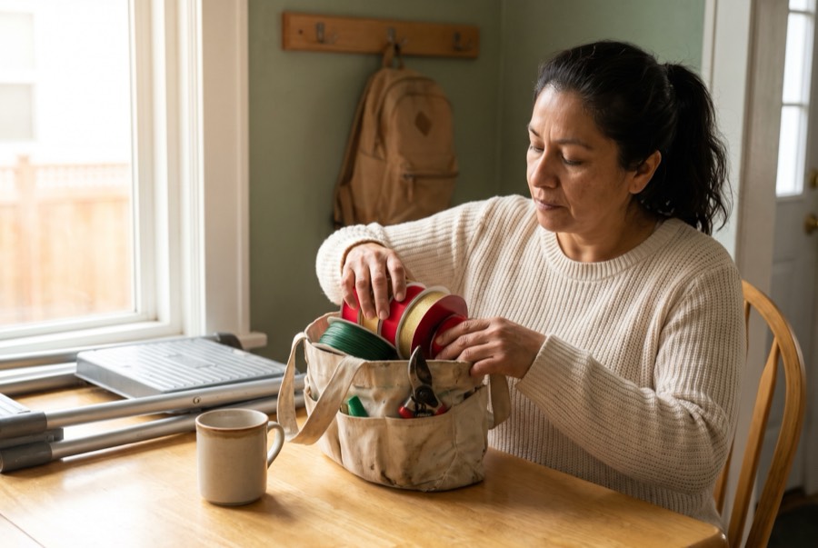 A woman packs a canvas tote with ribbon and tools at her kitchen table