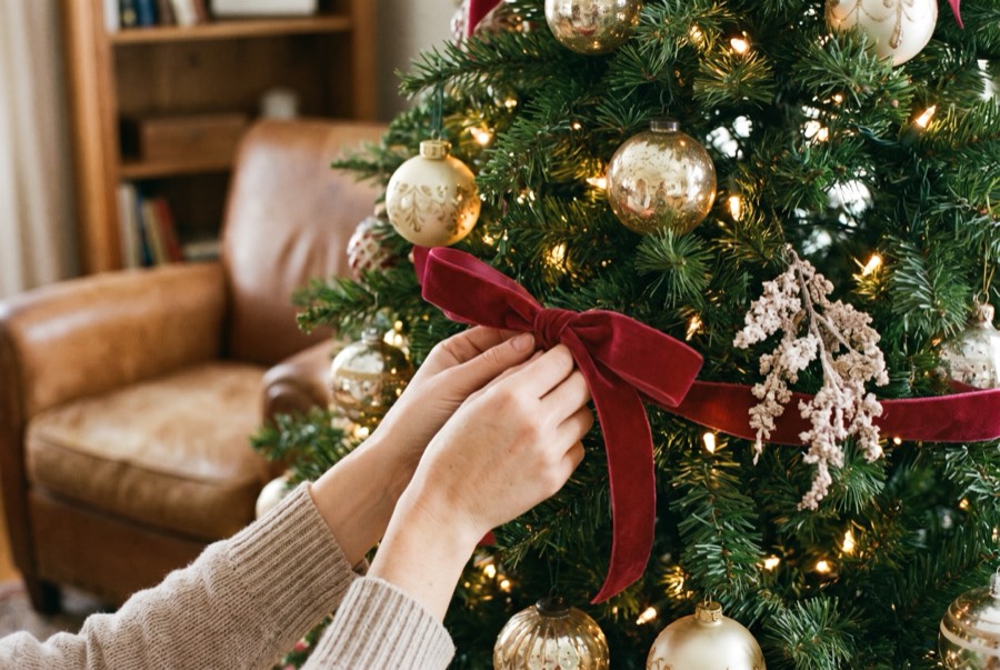 Hands tucking a cranberry velvet ribbon into a lit Christmas tree
