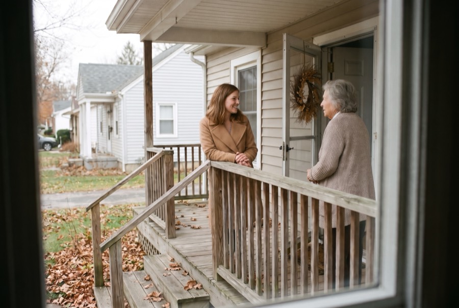 A mom chats with an older neighbor at her front door