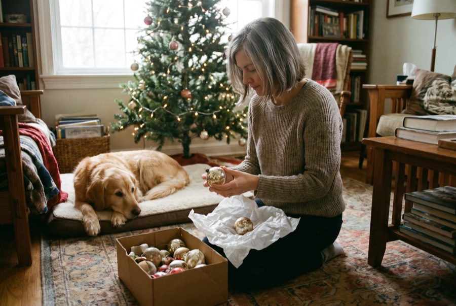 A woman carefully unwraps a client's vintage glass ornament