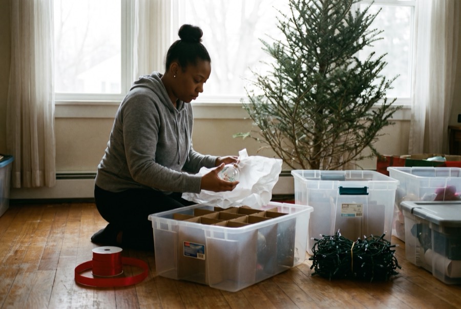 Ornaments being wrapped in tissue and packed into storage bins