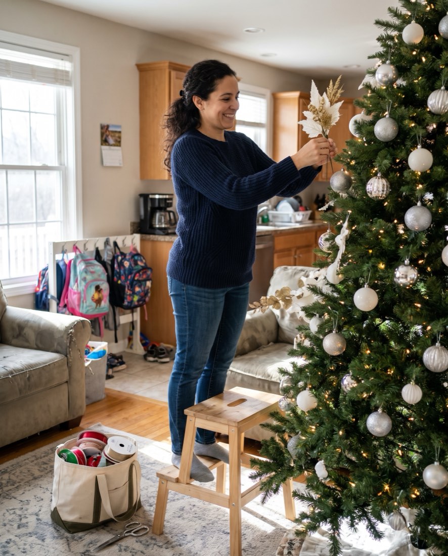 A woman about 38 tucks floral picks into a client's Christmas tree in a bright family room