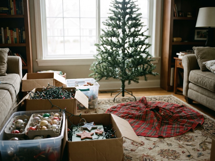 Boxes of a family's ornaments opened on a living room rug beside a bare tree
