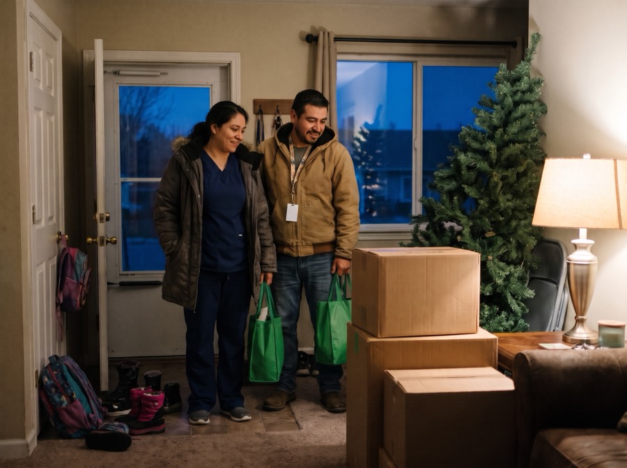 A tired working couple comes home at dusk to unopened Christmas boxes