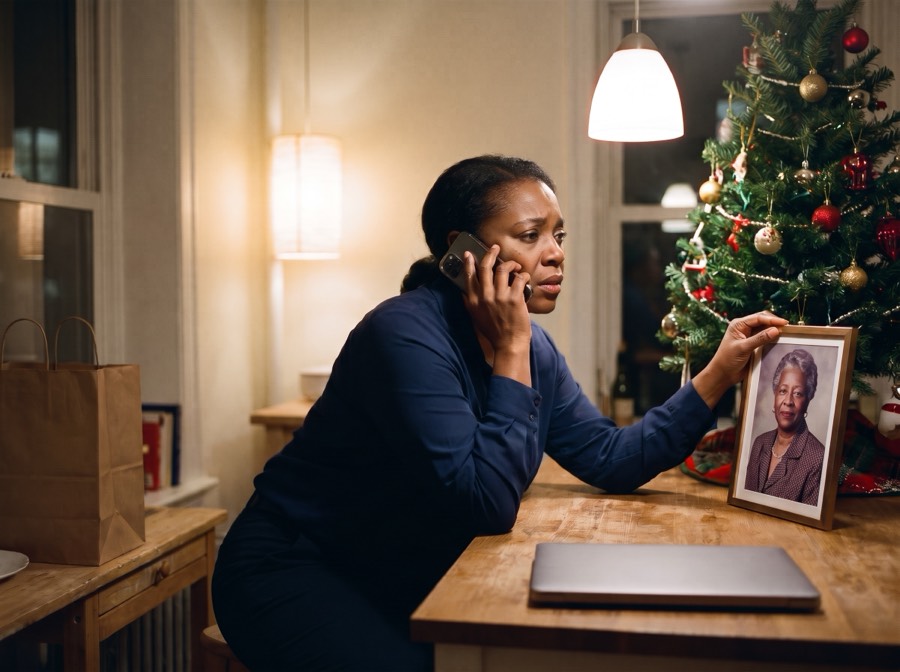 A woman in her forties on the phone with her mother, holding a framed family photo