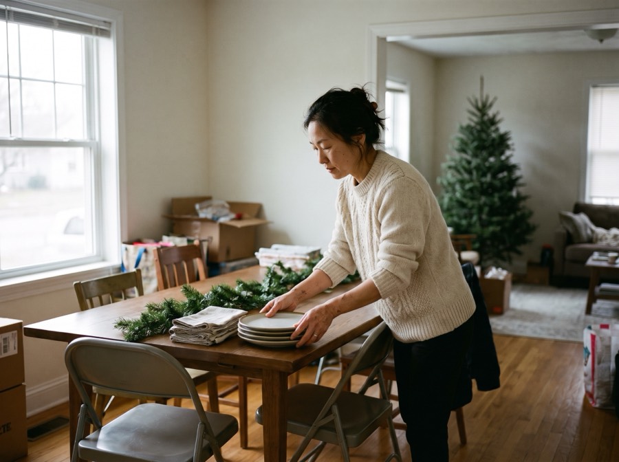 A woman sets a long dining table for a family visit, a bare tree behind her