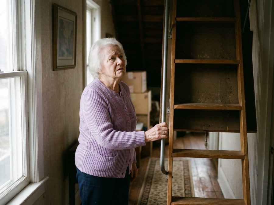 An elderly woman looks up uncertainly at a pulled-down attic ladder