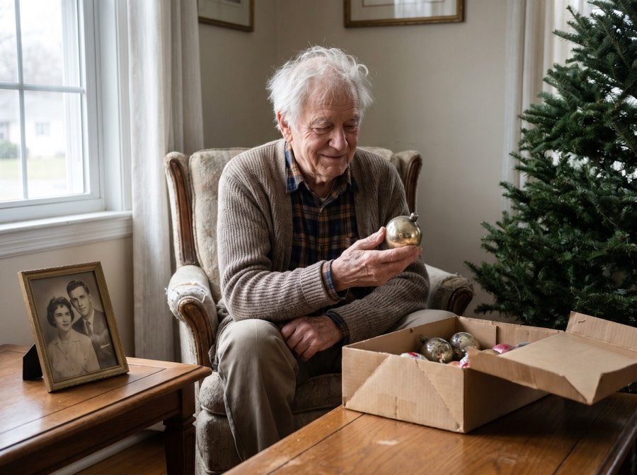 An older man holds a single old glass ornament in his palm