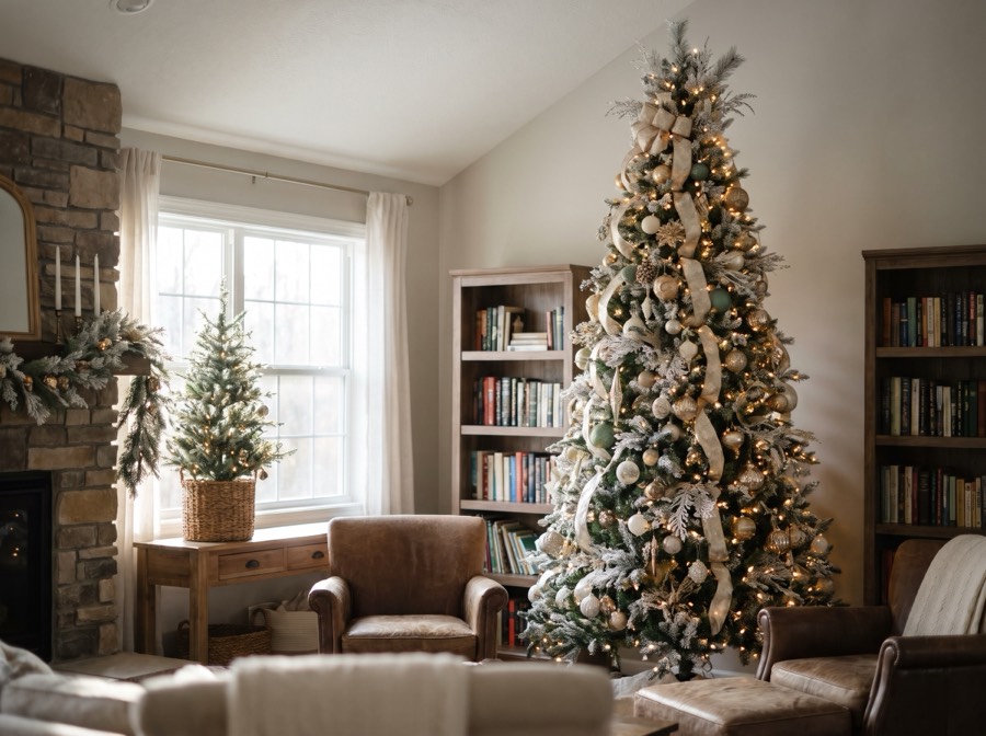 A tall themed tree in gold and cream with a matching smaller tree and mantel garland