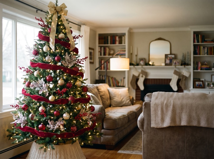 An 8.5-foot tree with cranberry velvet ribbon, frosted picks and berry sprays