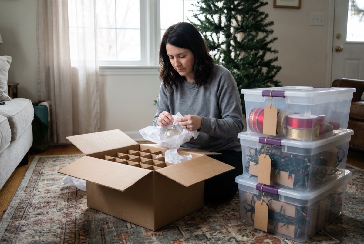 A woman wraps a glass ornament in tissue beside a stack of storage bins with blank tags
