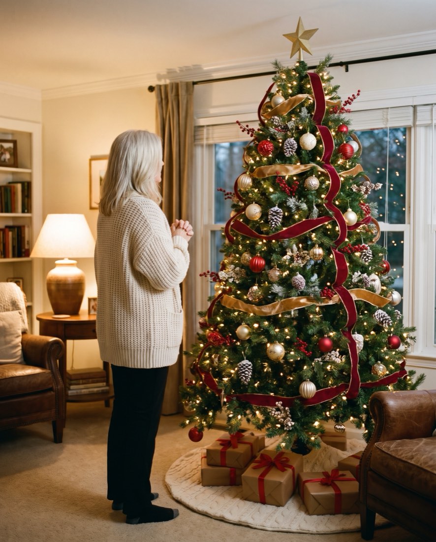 A decorator steps back to look at a finished tree in a client's living room
