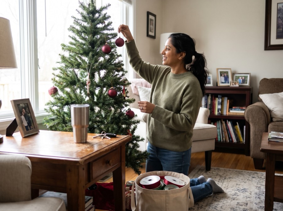 A mom about 38 hangs ornaments on a client's tree mid-morning, a coffee tumbler and car keys on the side table