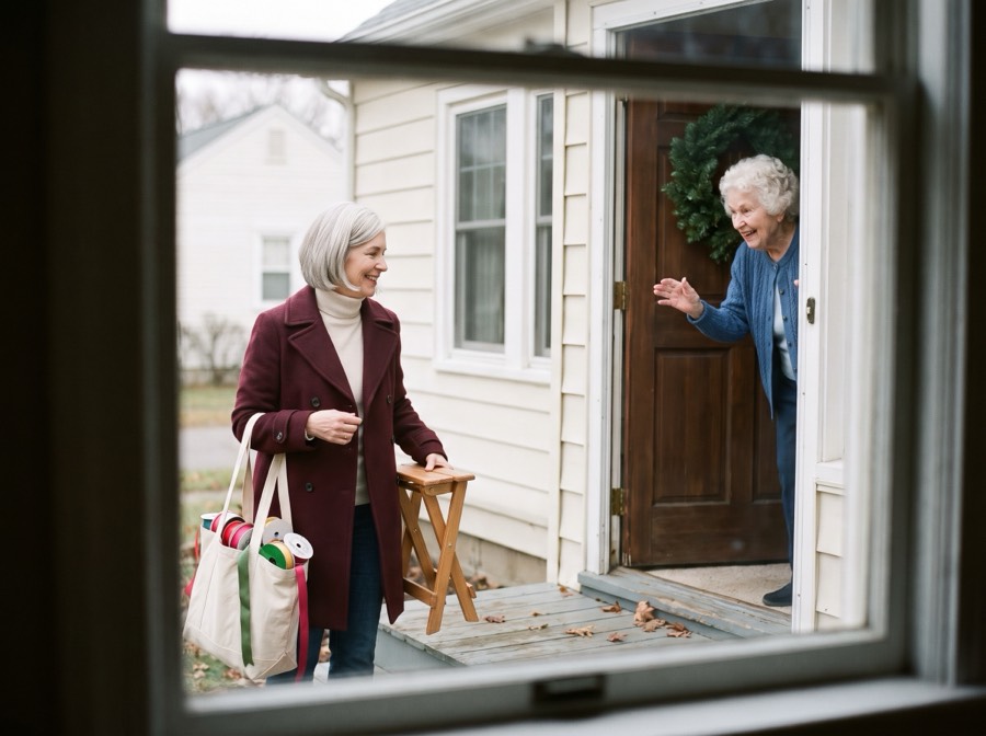A woman about 63 with a tote of ribbon and a step stool is greeted at the door by her elderly neighbor